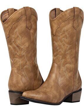 Women's Boots Snip Toe Cowgirl Shoes Tan Wide Calf Chunky Heel Embroidered